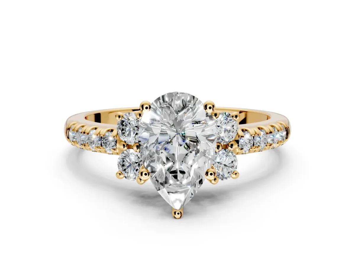 Paired Accent Engagement Ring Setting for Pear-Shaped Center with Pave Band and Prong Head in Yellow Gold