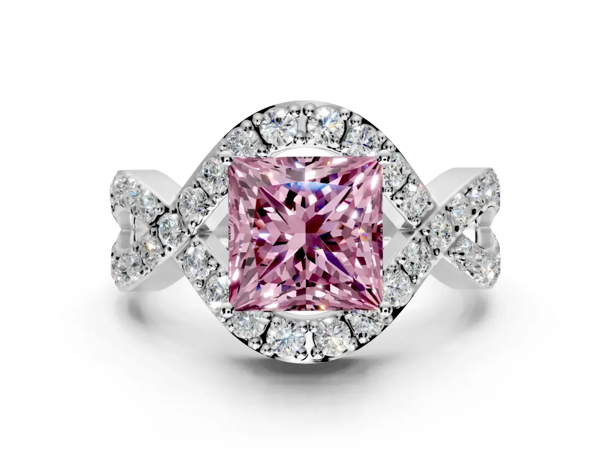Halo Engagement Ring Setting for Fancy Pink Princess Cut Center with Pave Infinity Twist Band and Prong Head in White Gold