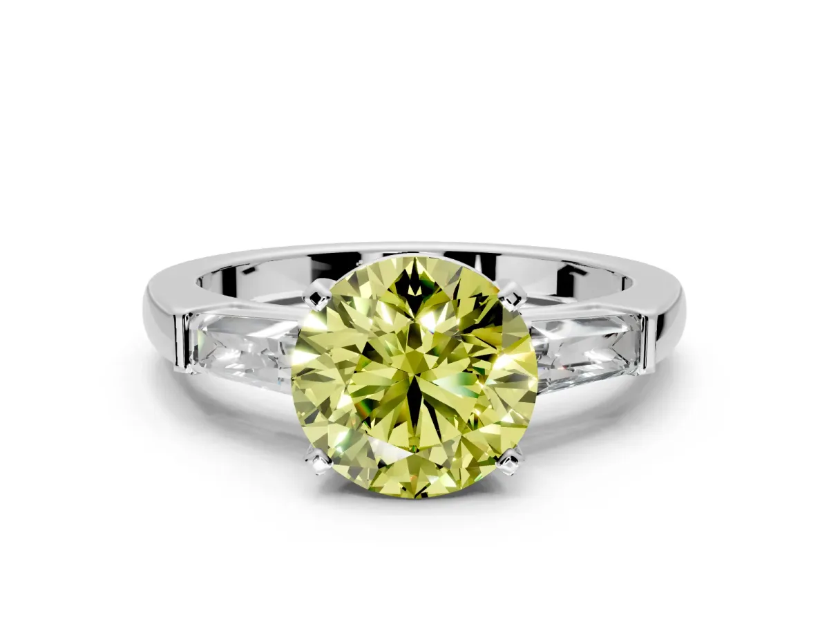 3 Stone Engagement Ring Setting for Fancy Yellow Round Cut Center with Tapered Baguettes, Plain Band and Prong Head in White Gold