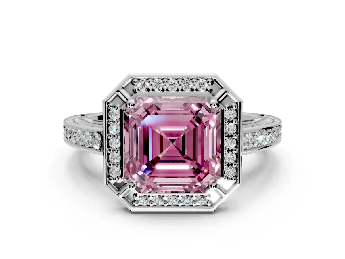 Halo Engagement Ring Setting for Fancy Pink Asscher Cut Center with Framed Halo, Pave Band and Prong Head in Sterling Silver