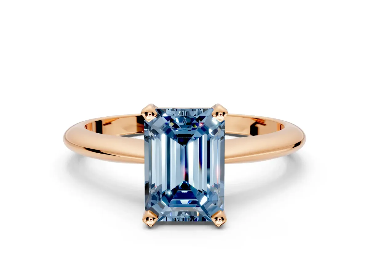 Solitaire Engagement Ring Setting for Fancy Blue Emerald Cut Center with Knife Ridge Band and Claw Prong Head in Rose Gold