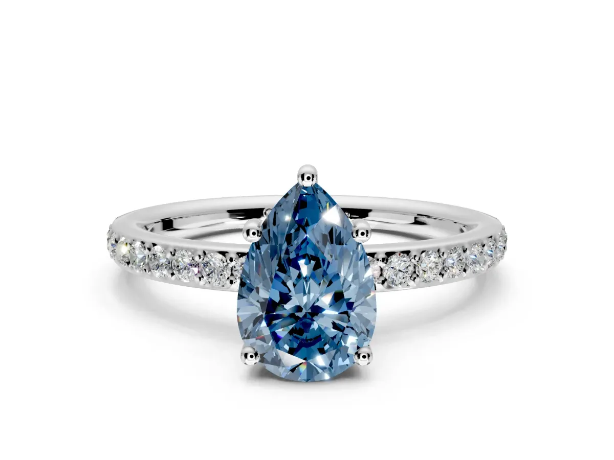 Solitaire Engagement Ring Setting for Fancy Blue Pear-Shaped Center with Fine Pave Band and Prong Head in Sterling Silver