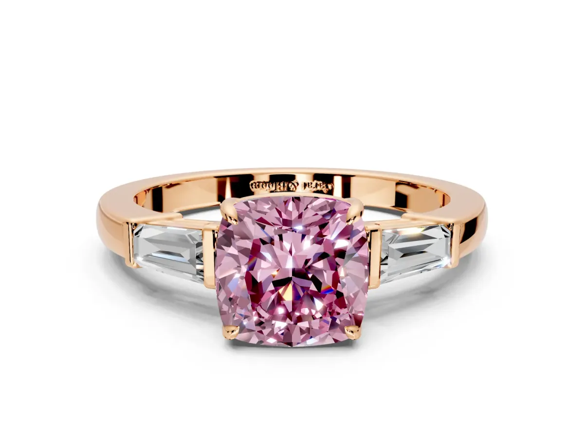 3 Stone Engagement Ring Setting for Fancy Pink Cushion Cut Center with Baguette Accents and Prong Head in Rose Gold