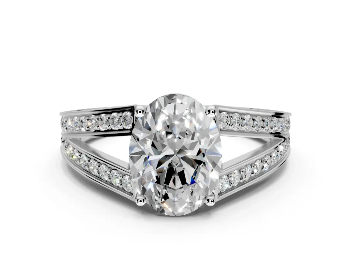 Split Shank Engagement Ring Setting for Oval Center with Pave Split Shank and Prong Head in Platinum