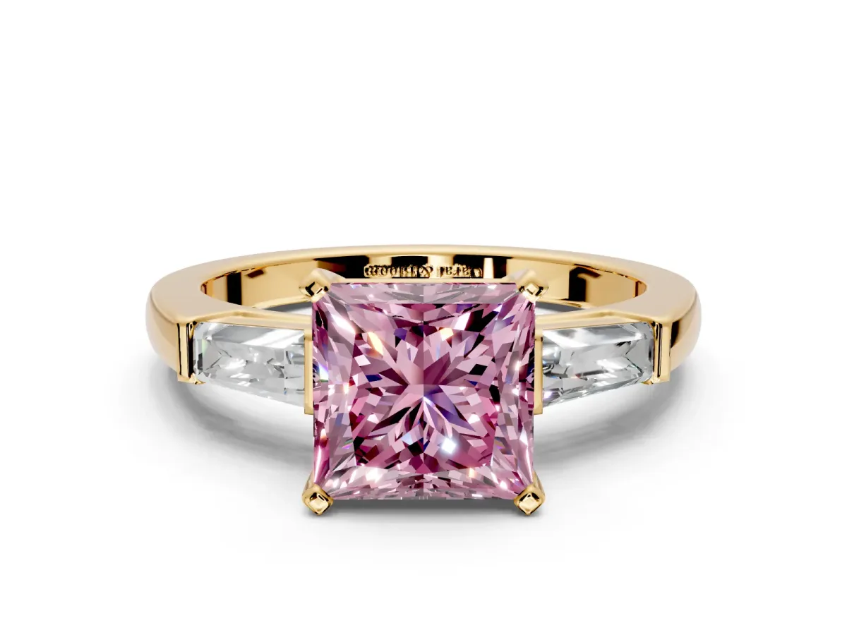 3 Stone Engagement Ring Setting for Fancy Pink Princess Cut Center with Tapered Baguettes, Plain Band and Prong Head in Yellow Gold