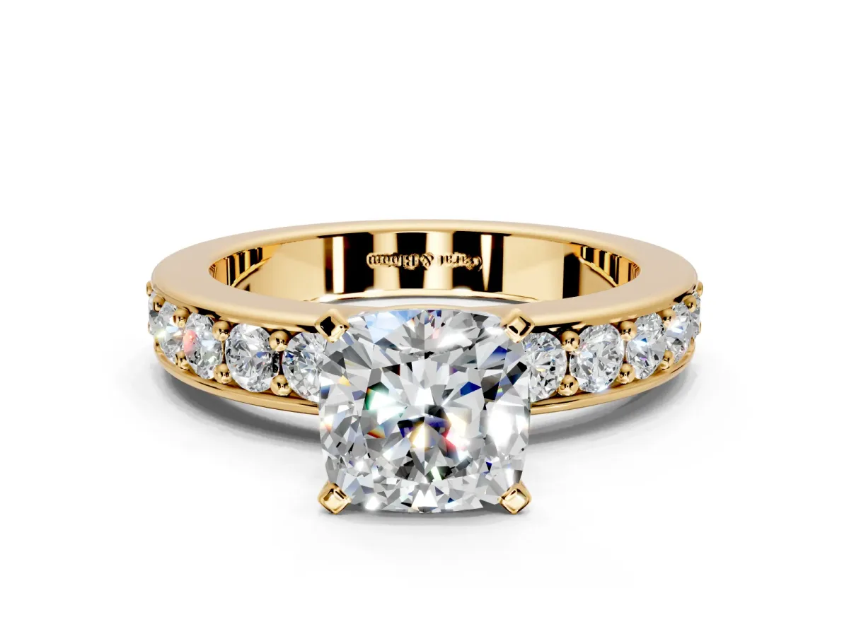 Solitaire Engagement Ring Setting for Cushion Cut Center with Channel-Set Accents and Prong Head in Yellow Gold