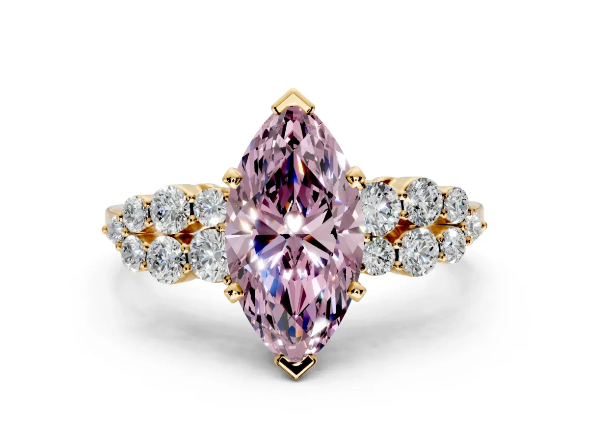Cluster Engagement Ring Setting for Fancy Pink Marquise Center with 2-Row Shoulder Clusters and Prong Head in Yellow Gold