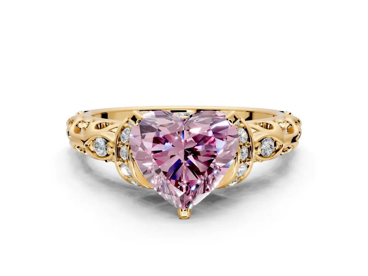 Solitaire Engagement Ring Setting for Fancy Pink Heart-Shaped Center with Filigree Band and Prong Head in Yellow Gold