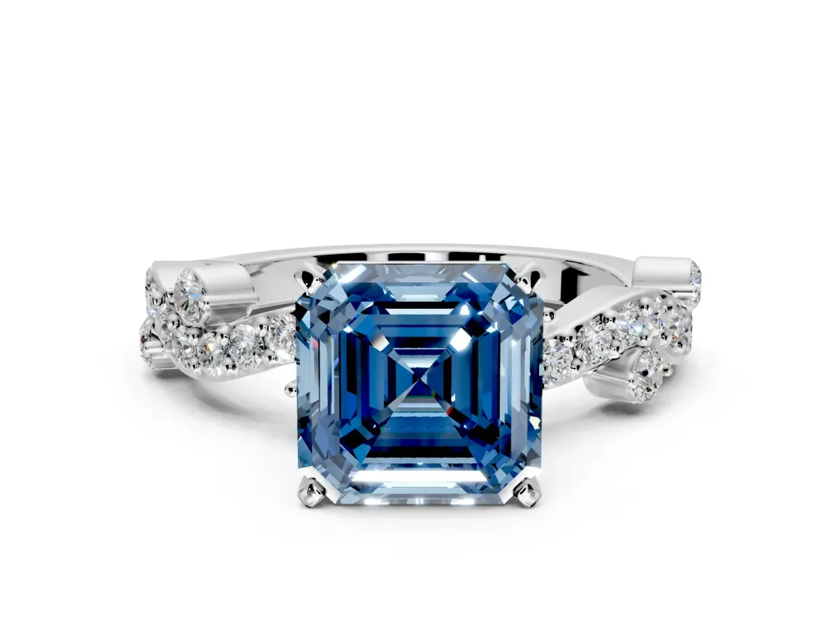 Solitaire Engagement Ring Setting for Fancy Blue Asscher Cut Center with Bar-Station Pave Twist and Prong Head in Platinum