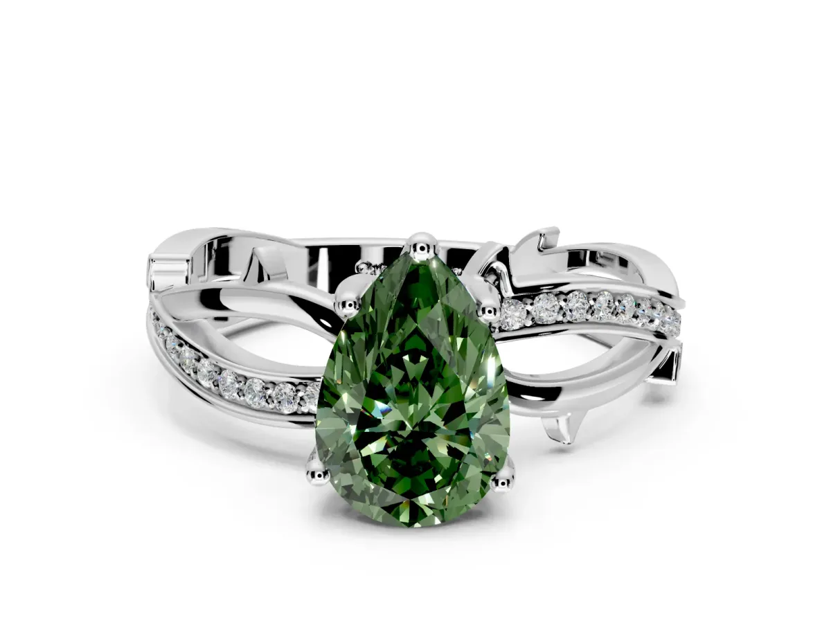 Solitaire Engagement Ring Setting for Fancy Green Pear-Shaped Center with Pave and Plain Crossover Band and Prong Head in White Gold