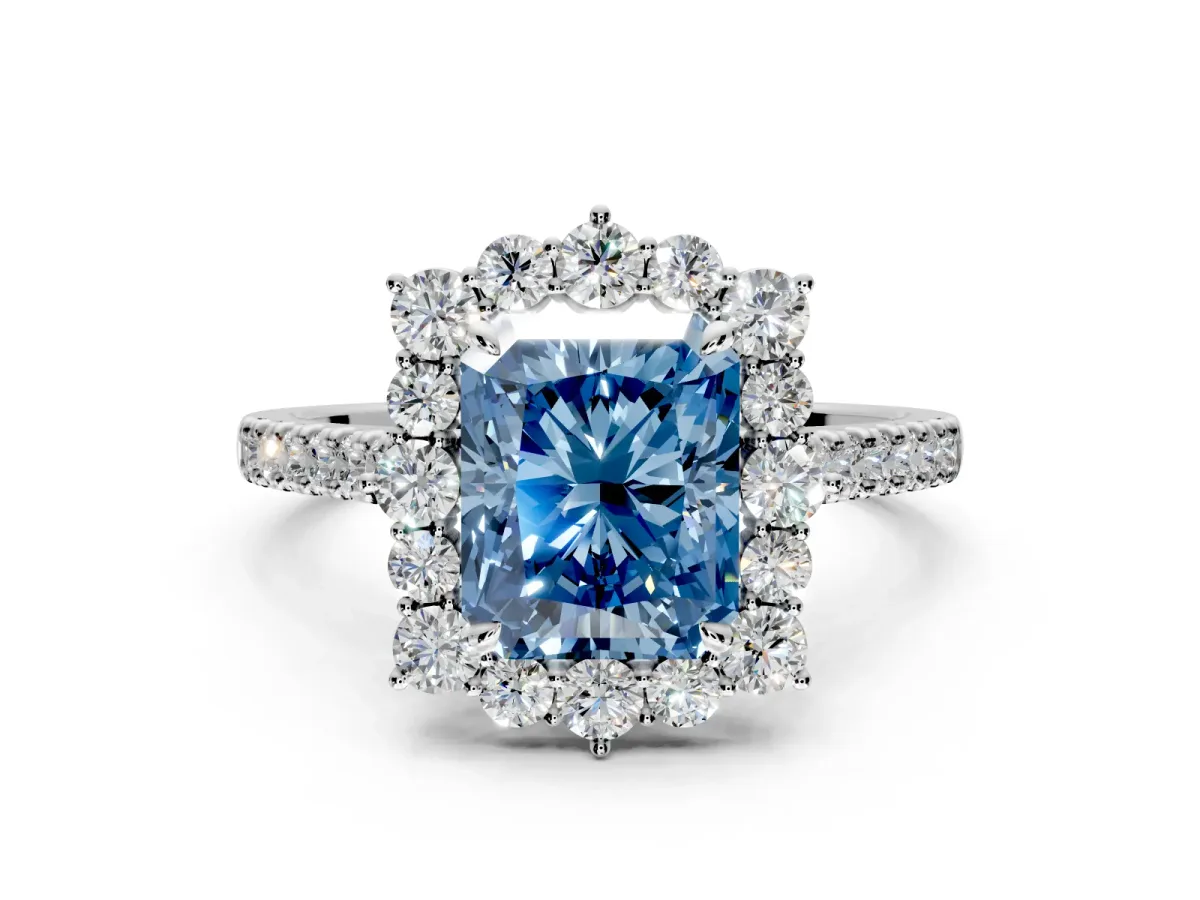 Halo Engagement Ring Setting for Fancy Blue Radiant Cut Center with Single-Row Pave, Open Basket and Prong Head in Platinum