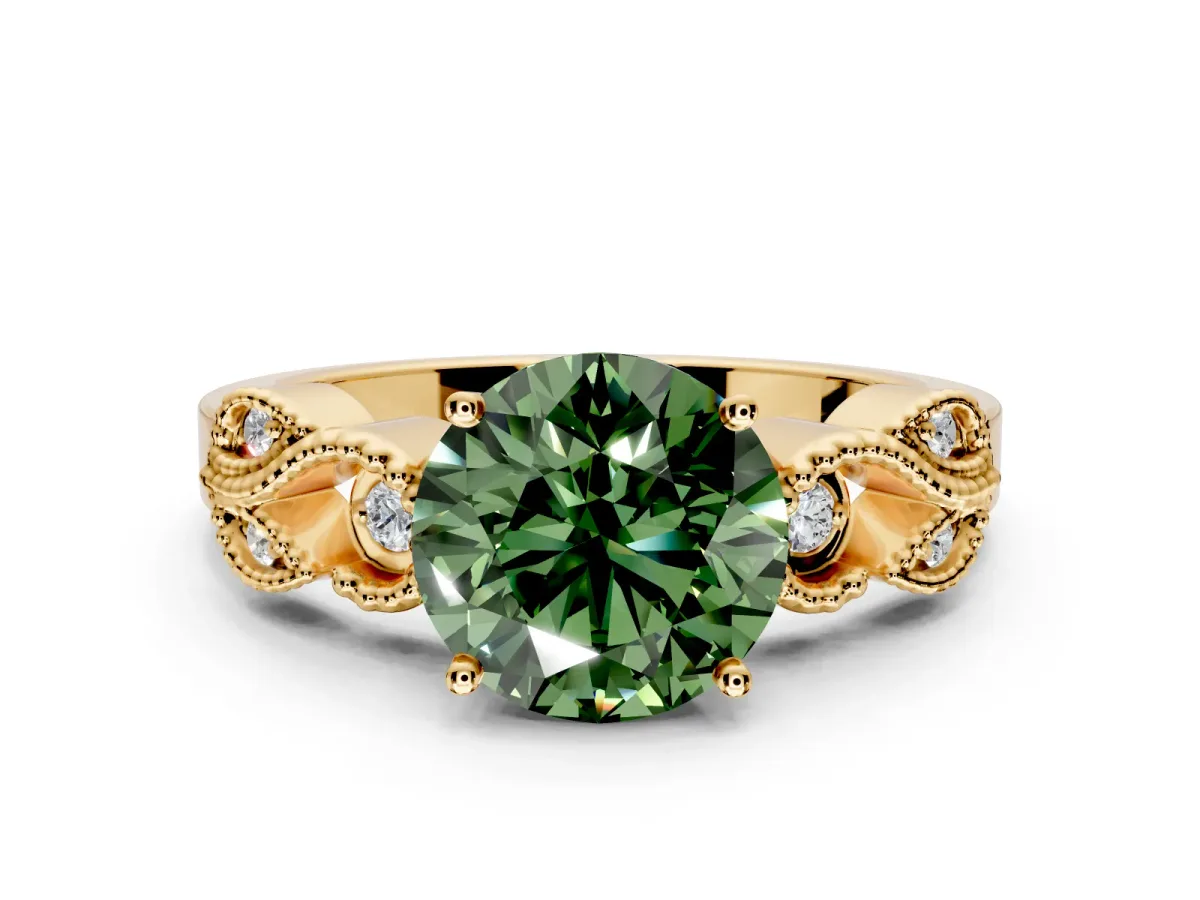 Leaf Engagement Ring Setting for Fancy Green Round Cut Center with Milgrain Accent Band and Prong Head in Yellow Gold