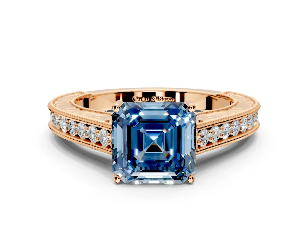 Solitaire Engagement Ring Setting for Fancy Blue Asscher Cut Center with Engraved Pave Band and Prong Head in Rose Gold