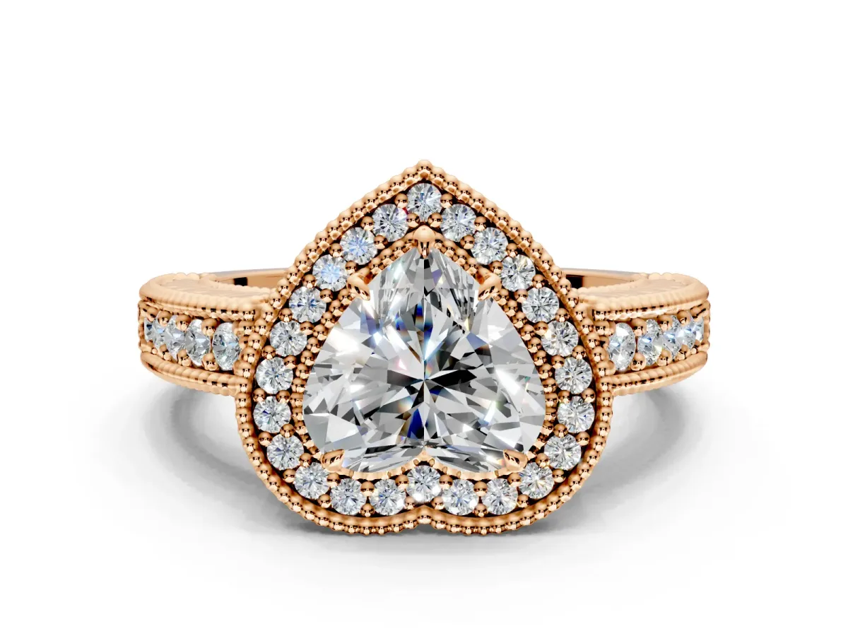 Milgrain Halo Engagement Ring Setting for Heart-Shaped Center with Pave Band and Prong Head in Rose Gold