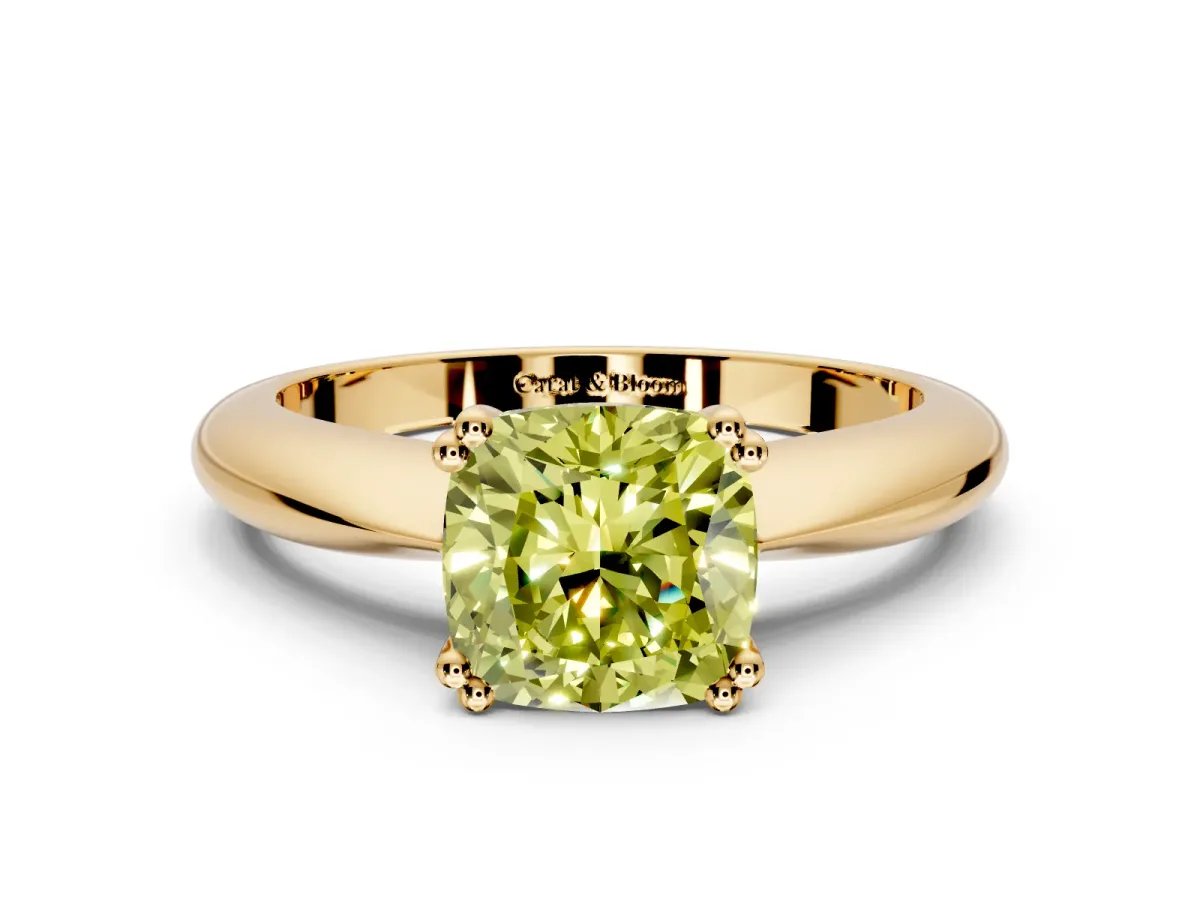Solitaire Engagement Ring Setting for Fancy Yellow Cushion Cut Center with Reverse Tapered Band and Prong Head in Yellow Gold