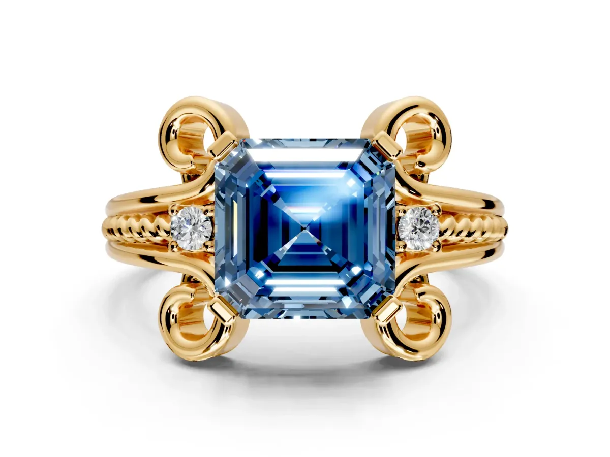 Solitaire Engagement Ring Setting for Fancy Blue Asscher Cut Center with Twisted Band and Scroll Prong Head in Yellow Gold
