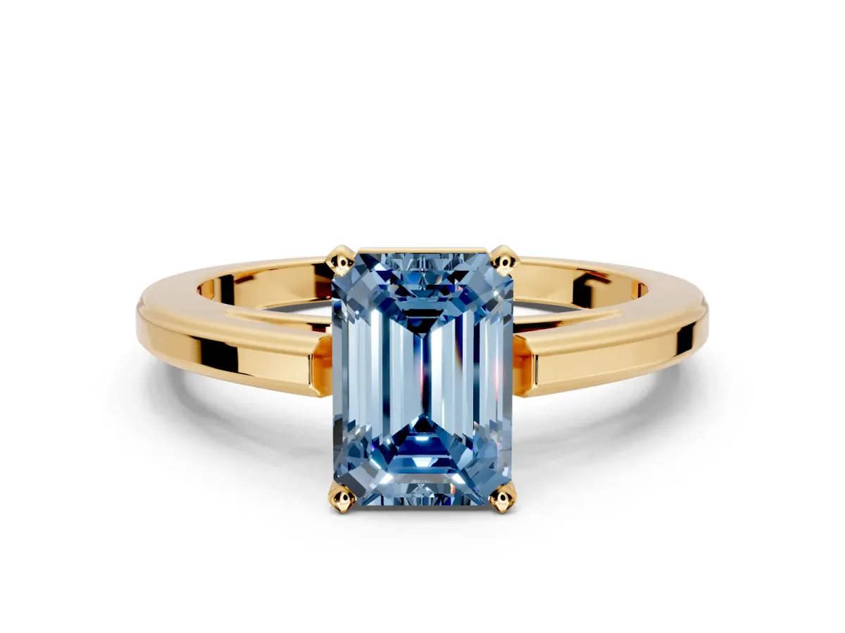 Solitaire Engagement Ring Setting for Fancy Blue Emerald Cut Center with Flat-Sided Plain Band and Prong Head in Yellow Gold