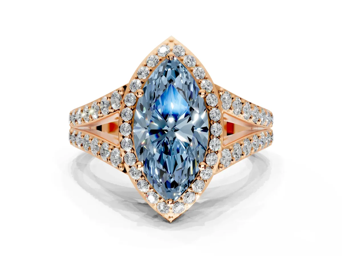 Halo Engagement Ring Setting for Fancy Blue Marquise Center with Narrow Pave Split Shank and Prong Head in Rose Gold