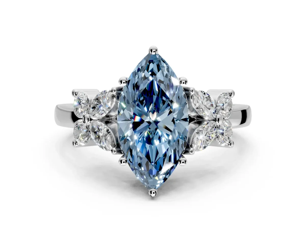 Floral Engagement Ring Setting for Fancy Blue Marquise Center with Marquise Cluster Shoulders and Prong Head in Platinum