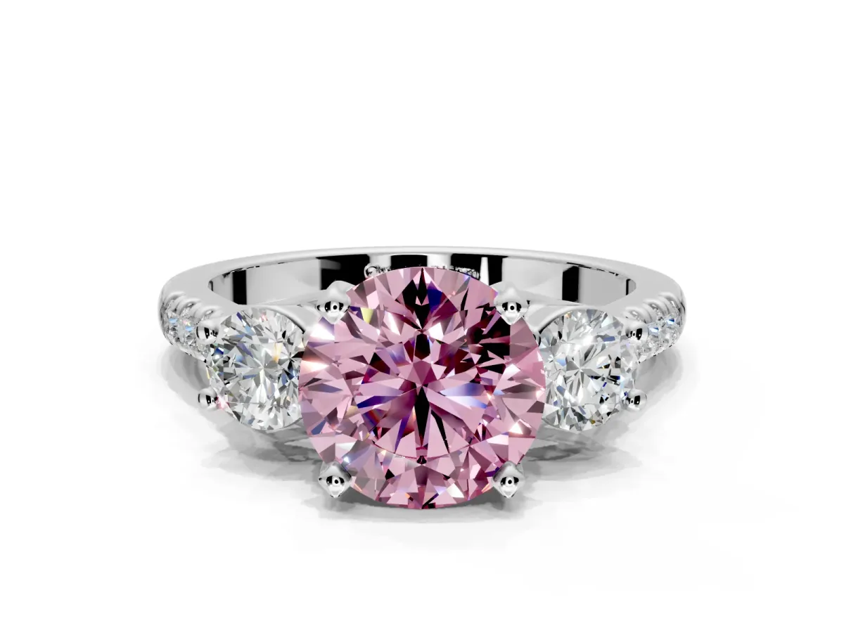 3 Stone Engagement Ring Setting for Fancy Pink Round Cut Center with Crossover Basket, Pave Band and Prong Head in Platinum