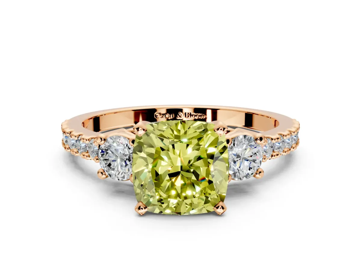 3 Stone Engagement Ring Setting for Fancy Yellow Cushion Cut Center with Round Cut Side Accents and Prong Head in Rose Gold
