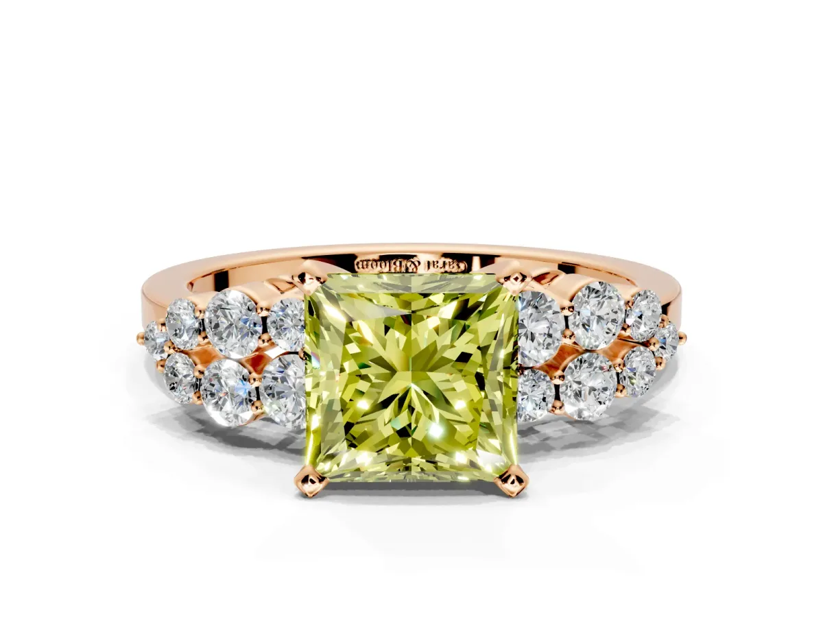 Cluster Engagement Ring Setting for Fancy Yellow Princess Cut Center with 2-Row Shoulder Clusters and Prong Head in Rose Gold