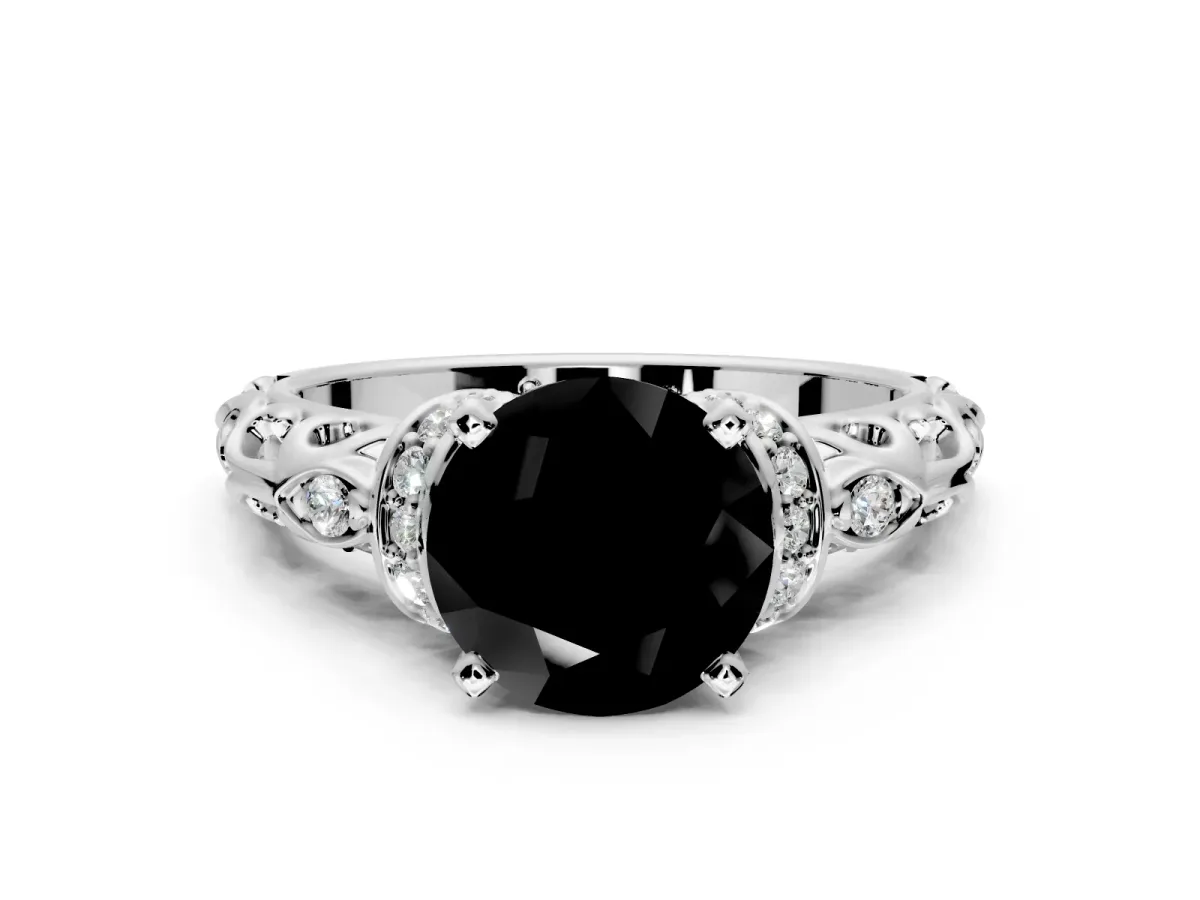 Solitaire Engagement Ring Setting for Fancy Black Round Cut Center with Filigree Band and Prong Head in Platinum