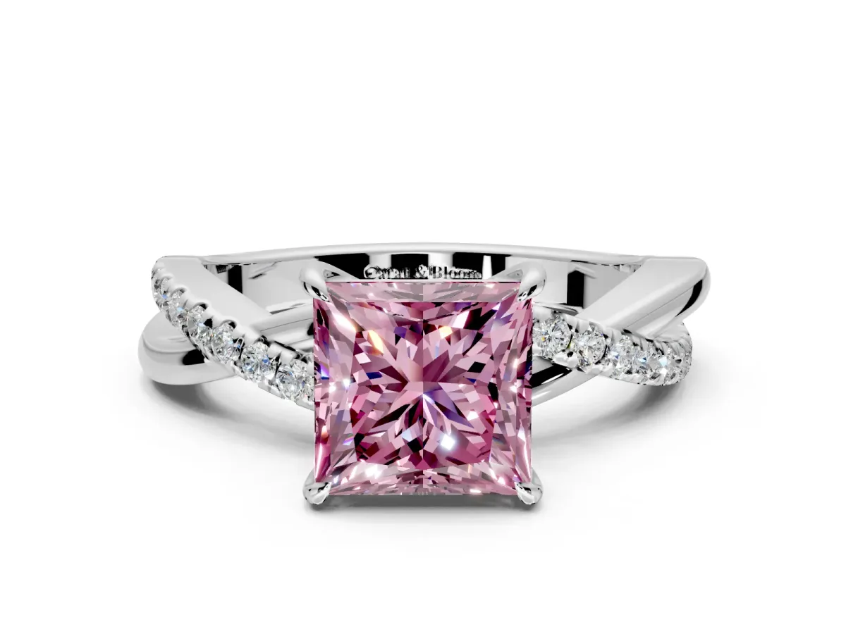 Crossover Engagement Ring Setting for Fancy Pink Princess Cut Center with Pave and Plain Strands and Prong Head in Platinum