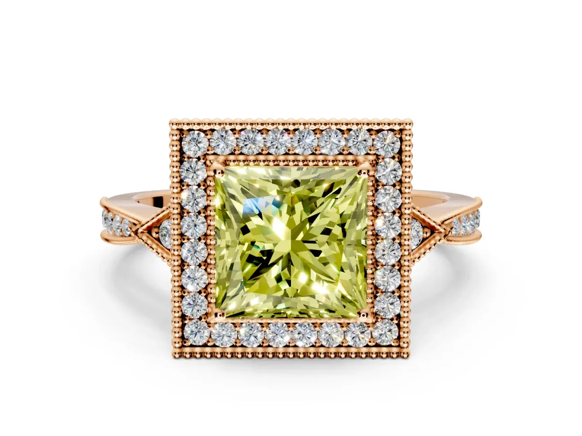 Halo Engagement Ring Setting for Fancy Yellow Princess Cut Center with Milgrain Rim, Pave Band and Prong Head in Rose Gold