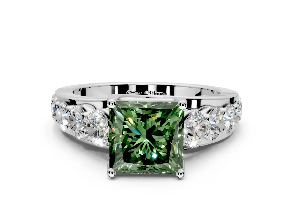 Solitaire Engagement Ring Setting for Fancy Green Princess Cut Center with Graduated Shared Prongs and Prong Head in Sterling Silver