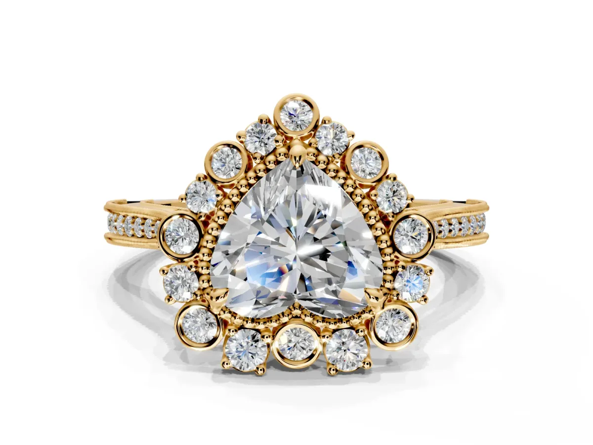 Milgrain Halo Engagement Ring Setting for Heart-Shaped Center with Bezel Point Accents and Prong Head in Yellow Gold