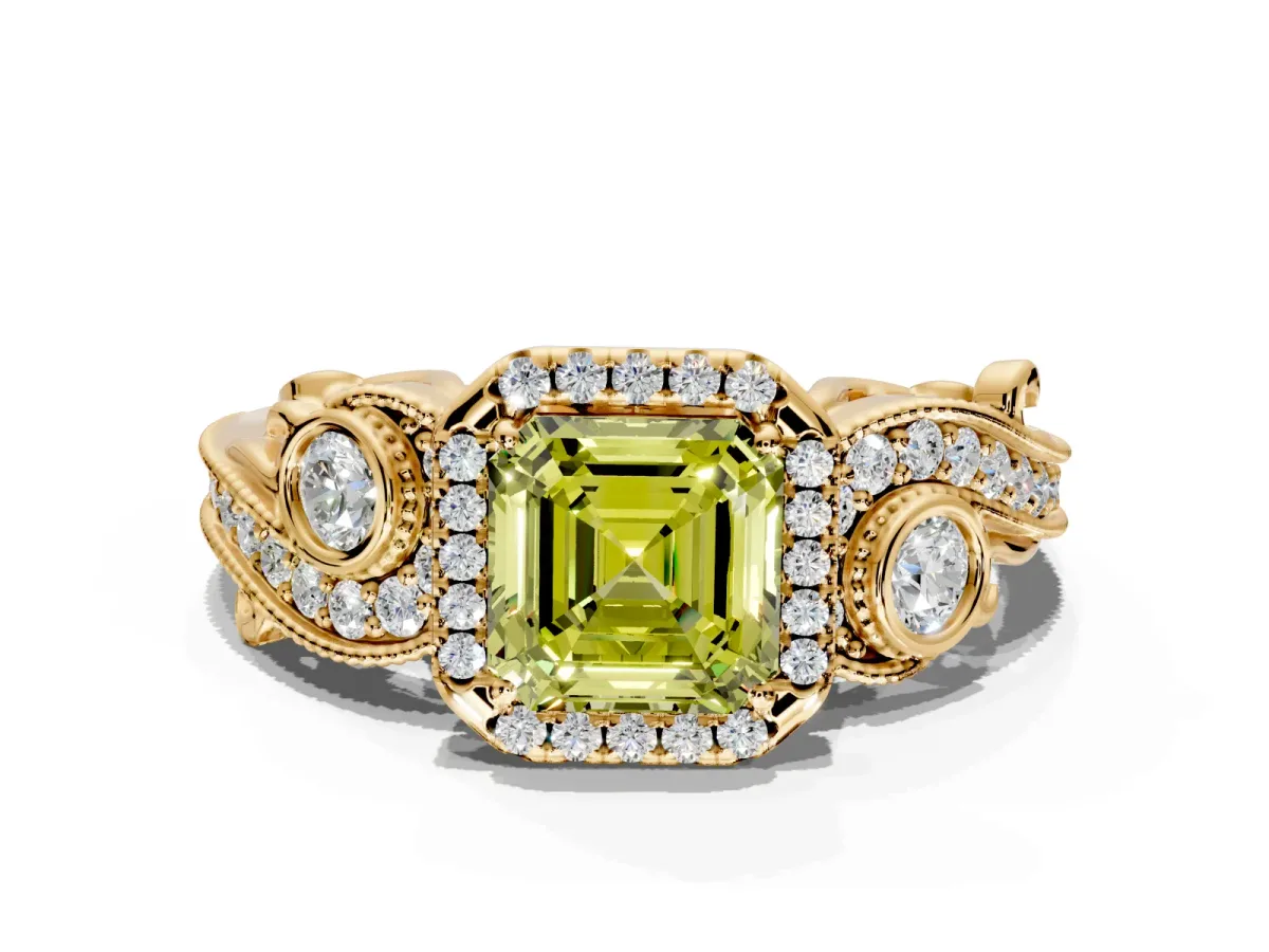Milgrain Halo Engagement Ring Setting for Fancy Yellow Asscher Cut Center with Shoulder Bezels and Prong Head in Yellow Gold
