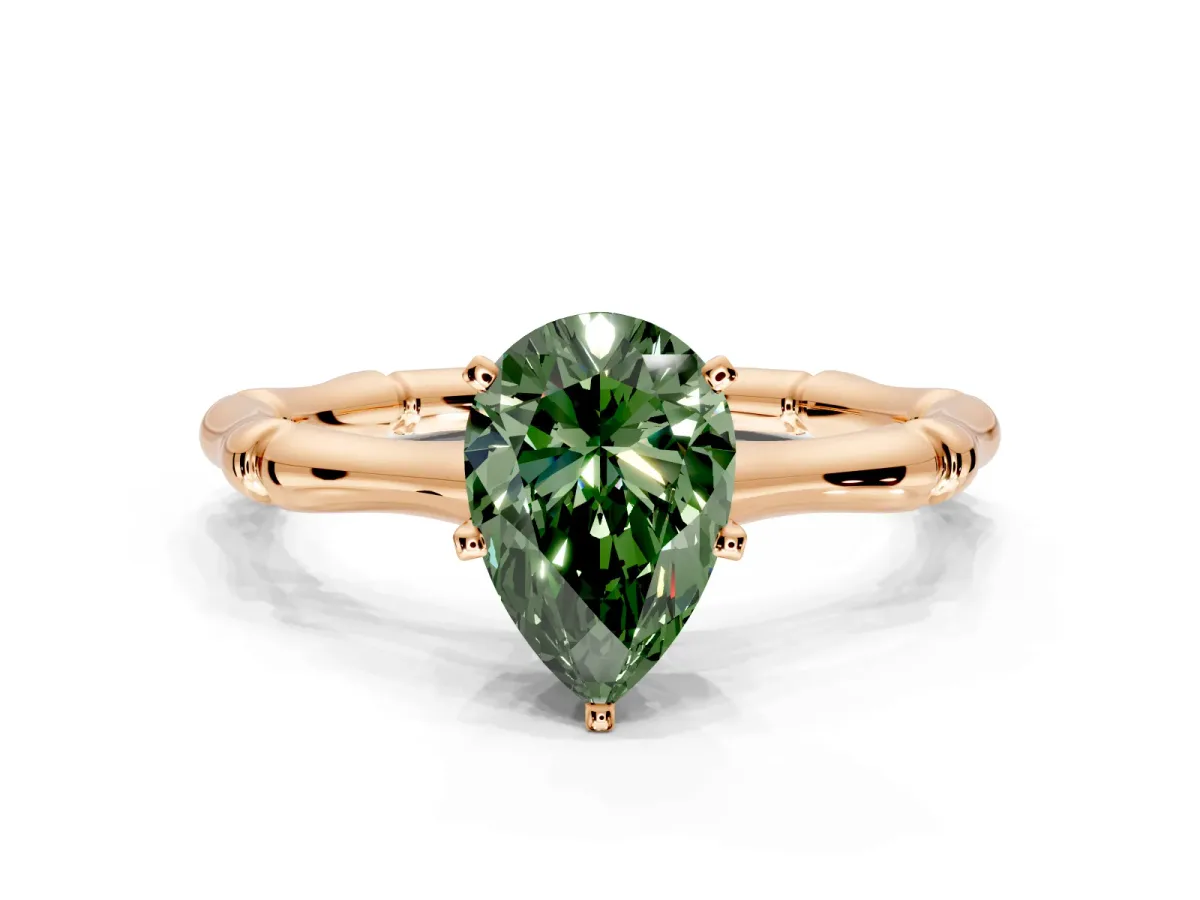 Solitaire Engagement Ring Setting for Fancy Green Pear-Shaped Center with Bamboo Band and Prong Head in Rose Gold