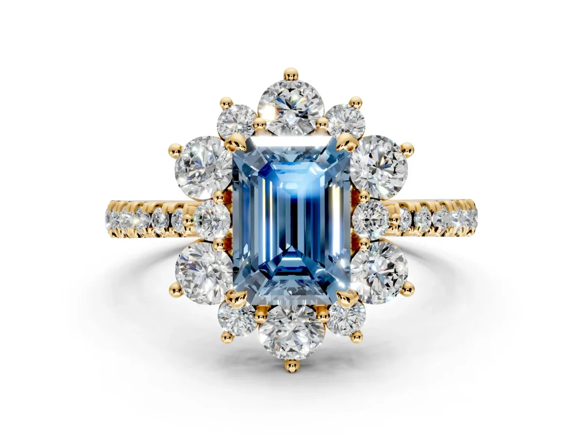 Floral Halo Engagement Ring Setting for Fancy Blue Emerald Cut Center with Pave Accents and Prong Head in Yellow Gold