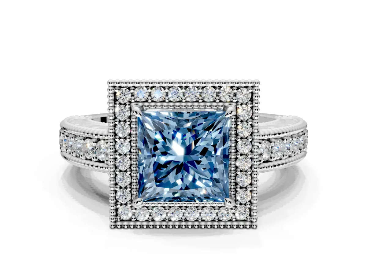 Milgrain Halo Engagement Ring Setting for Fancy Blue Princess Cut Center with Pave Band and Prong Head in Platinum