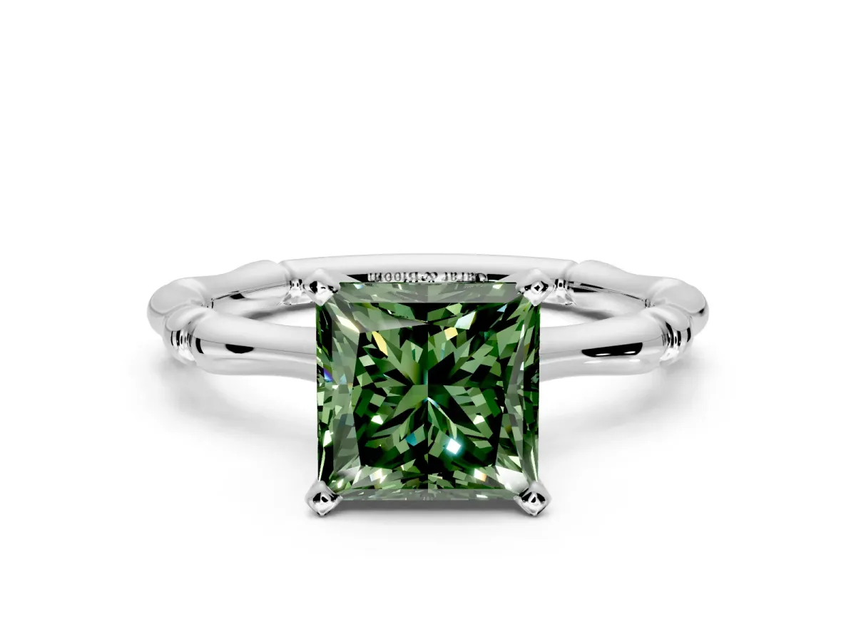 Solitaire Engagement Ring Setting for Fancy Green Princess Cut Center with Bamboo Band and Prong Head in Sterling Silver