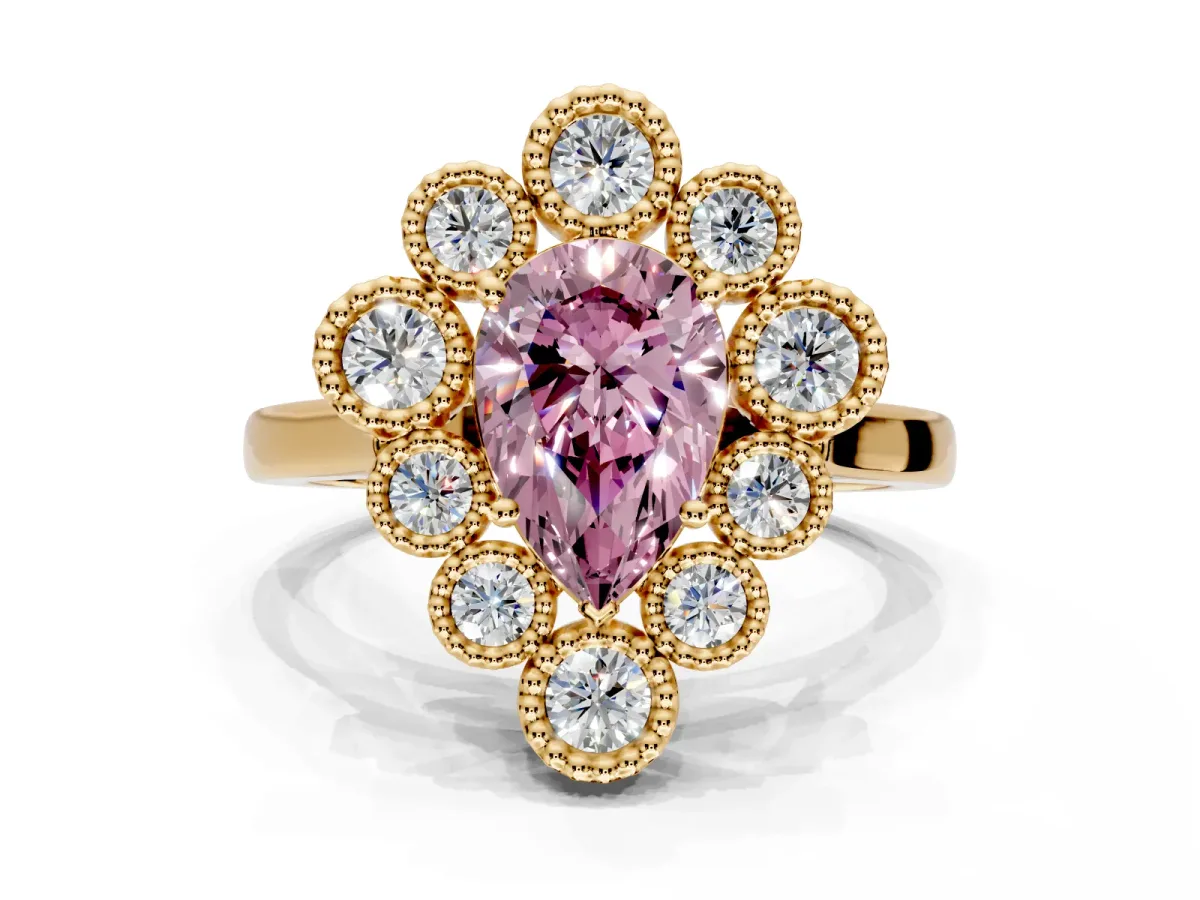 Cluster Halo Engagement Ring Setting for Fancy Pink Pear-Shaped Center with Milgrain Bezel Accents and Prong Head in Yellow Gold