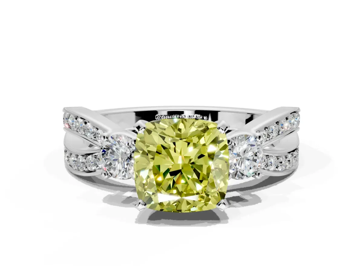 3 Stone Engagement Ring Setting for Fancy Yellow Cushion Cut Center with Pave Twist Band and Prong Head in Sterling Silver