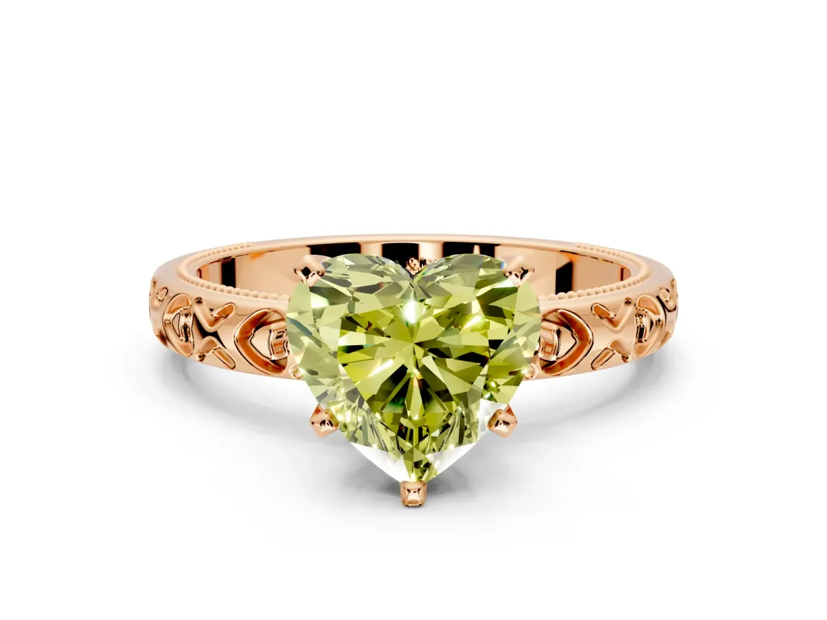 Solitaire Engagement Ring Setting for Fancy Yellow Heart-Shaped Center with XO Engraved Band and Prong Head in Rose Gold
