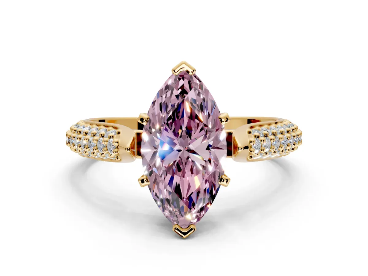 Solitaire Engagement Ring Setting for Fancy Pink Marquise Center with Multi-Row Accents and Prong Head in Yellow Gold