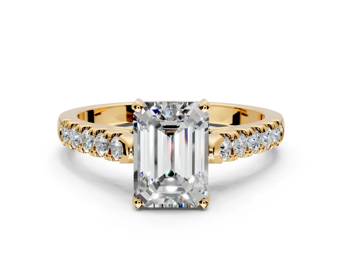 Solitaire Engagement Ring Setting for Emerald Cut Center with Partway Pave Band and Prong Head in Yellow Gold