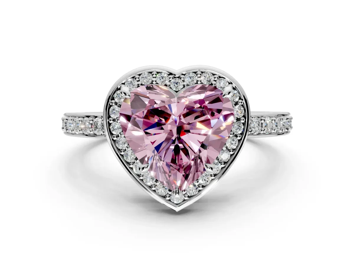 Halo Engagement Ring Setting for Fancy Pink Heart-Shaped Center with Metal-Rimmed Halo, Pave Band and Prong Head in Platinum