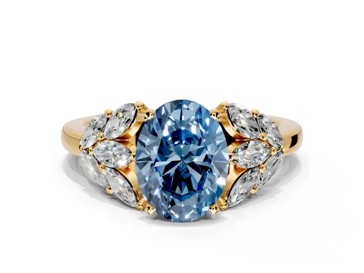 Leaf Cluster Engagement Ring Setting for Fancy Blue Oval Center with Marquise Accents and Prong Head in Yellow Gold