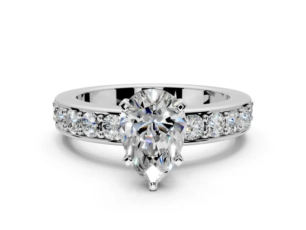 Solitaire Engagement Ring Setting for Pear-Shaped Center with Channel-Set Accents and Prong Head in Platinum