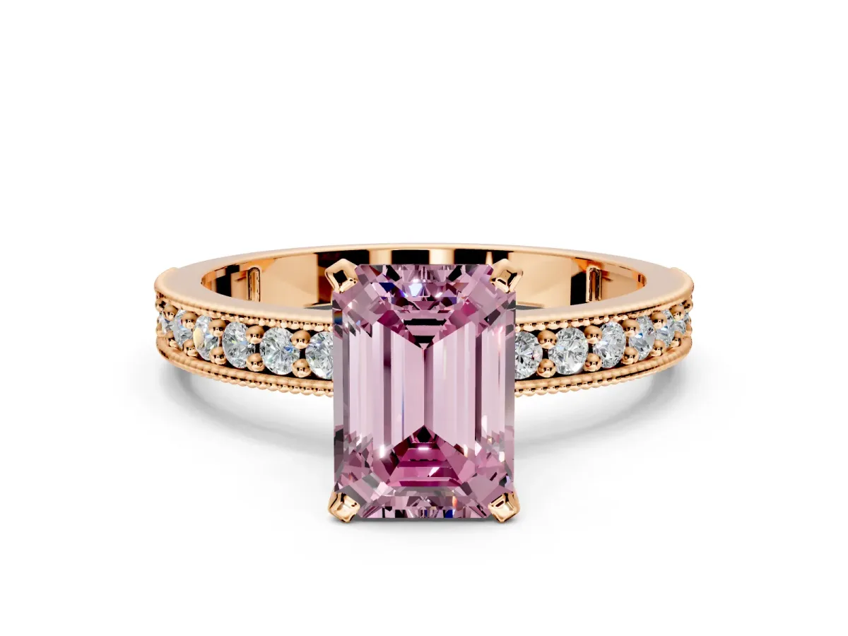 Milgrain Pave Engagement Ring Setting for Fancy Pink Emerald Cut Center with Accent Band and Prong Head in Rose Gold