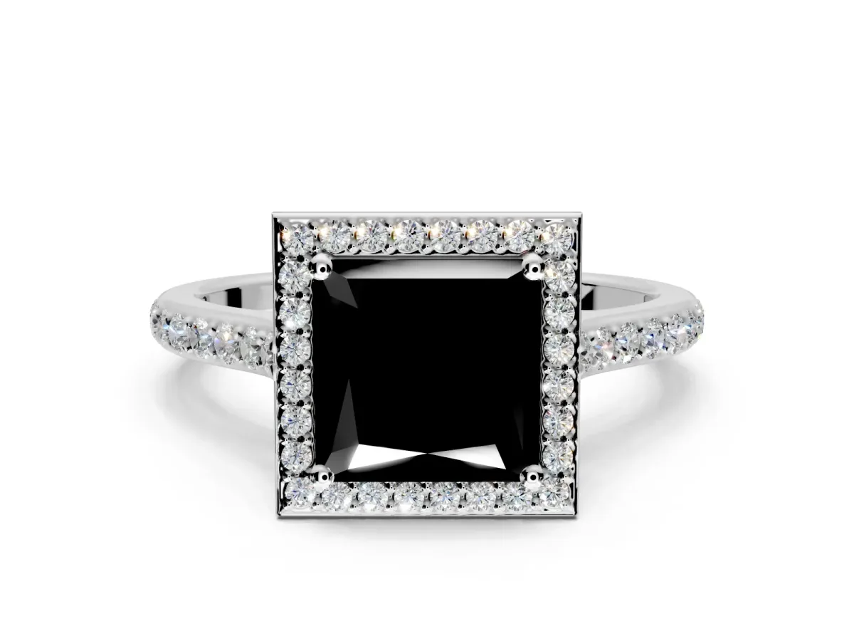 Halo Engagement Ring Setting for Fancy Black Princess Cut Center with Pave Accents, Heart Basket and Prong Head in White Gold