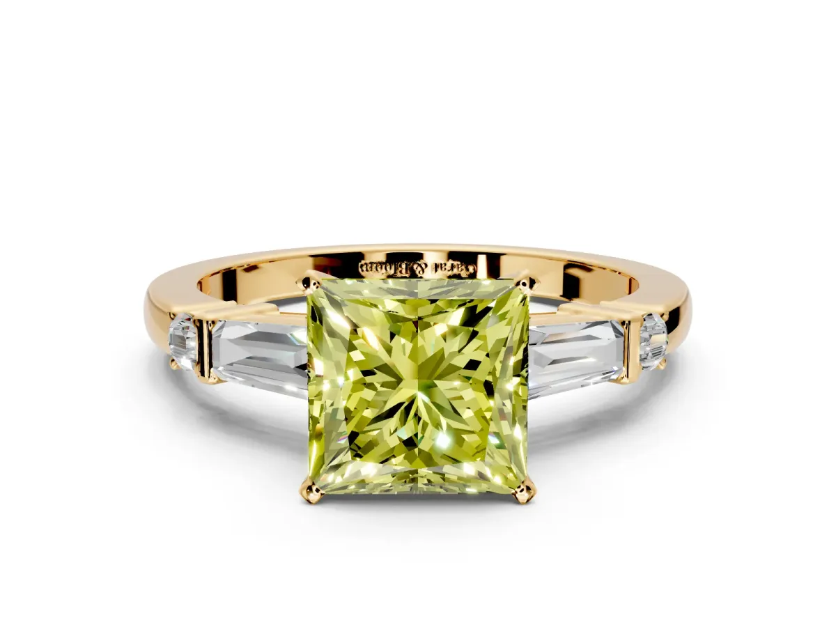 Bar-Set Engagement Ring Setting for Fancy Yellow Princess Cut Center with Tapered Baguette Accents and Prong Head in Yellow Gold