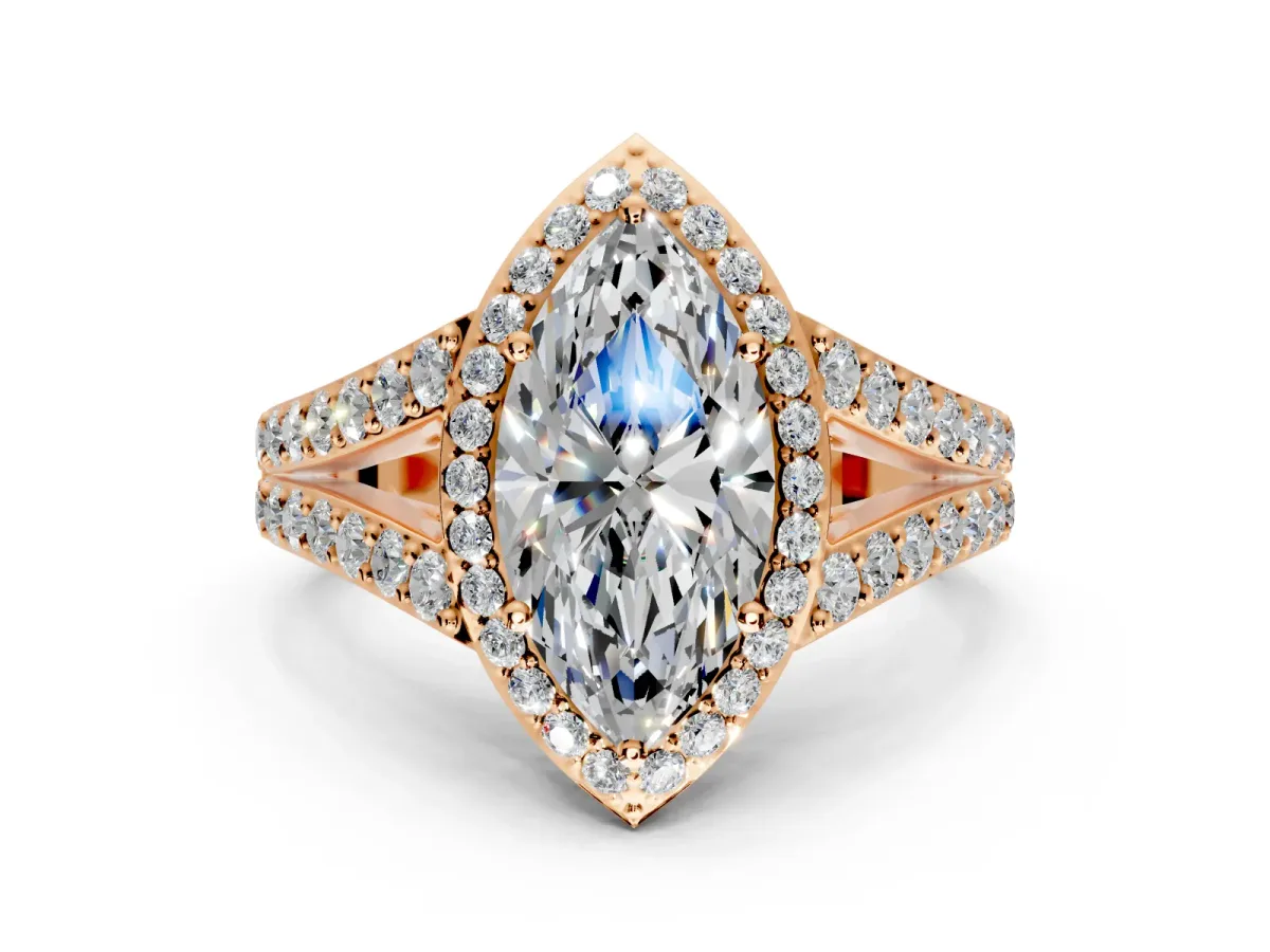 Halo Engagement Ring Setting for Marquise Center with Narrow Pave Split Shank and Prong Head in Rose Gold