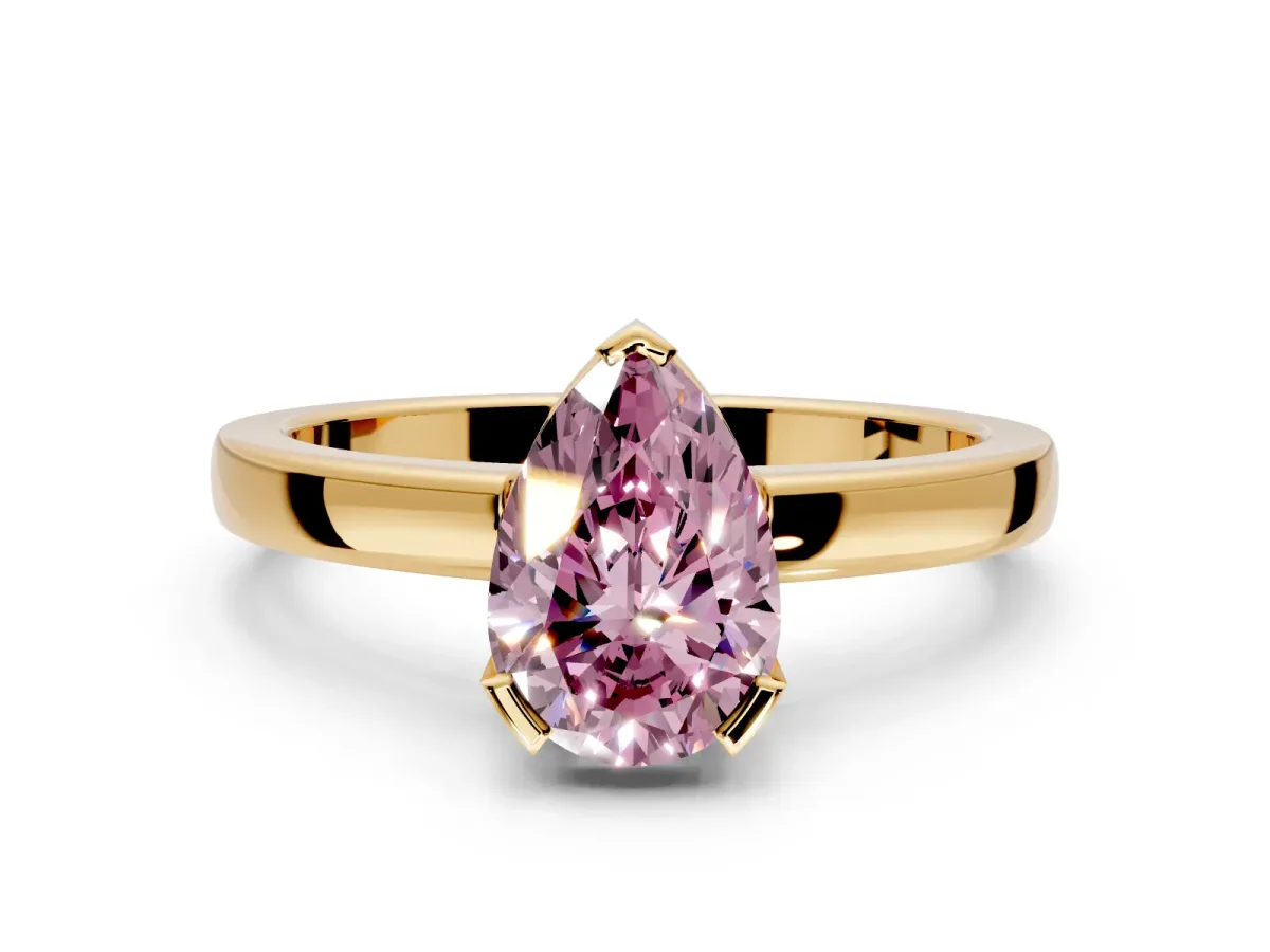 Solitaire Engagement Ring Setting for Fancy Pink Pear-Shaped Center with Plain Band and Flat Tab Prong Head in Yellow Gold