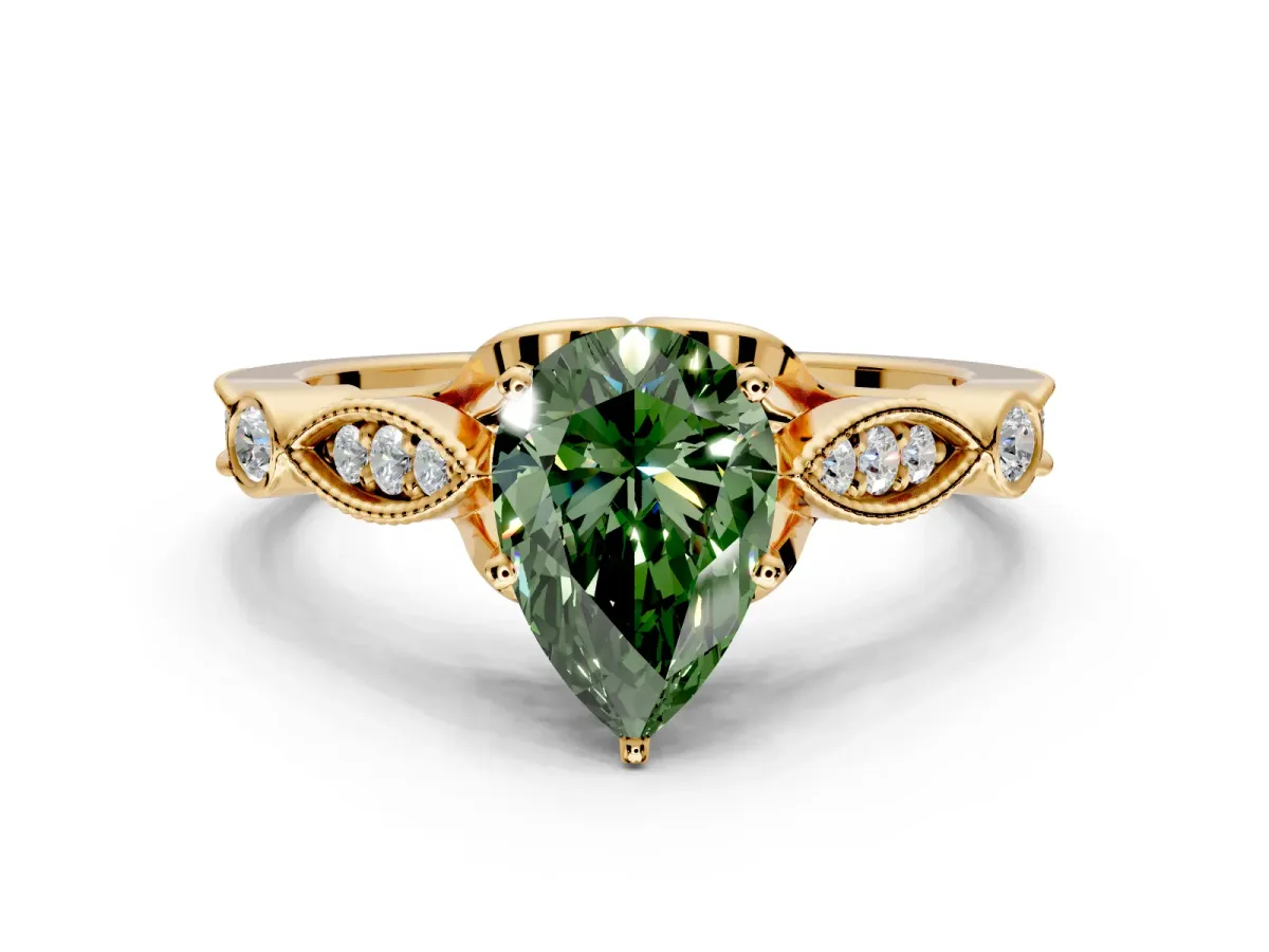 Solitaire Engagement Ring Setting for Fancy Green Pear-Shaped Center with Marquise and Bezel Accents and Prong Head in Yellow Gold